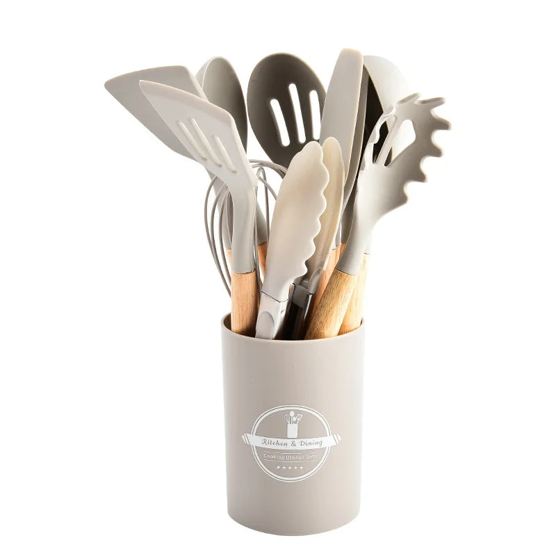 12-Piece Non-Stick Silicone Kitchen Cooking Utensil Set with Stand, Wooden Handle Heat-Resistant Silicone Kitchen Tools Set
