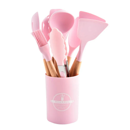 12-Piece Non-Stick Silicone Kitchen Cooking Utensil Set with Stand, Wooden Handle Heat-Resistant Silicone Kitchen Tools Set